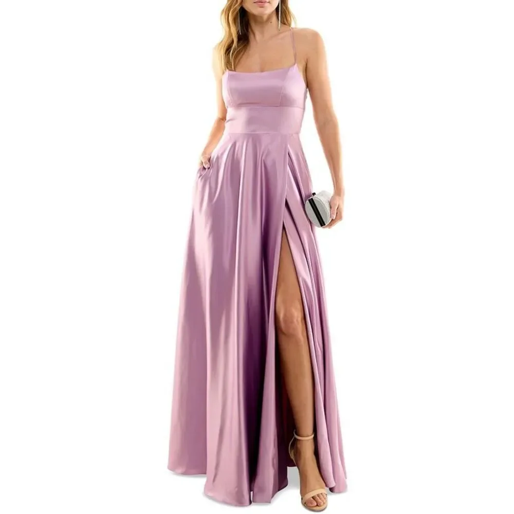 B. Darlin Womens Purple Satin Lace-Up Maxi Evening Dress Gown Juniors